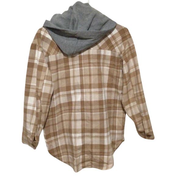 Justify Women's Plaid Beige Flannel Shirt with Gray Hood Hoodie Size Small - Picture 3 of 4